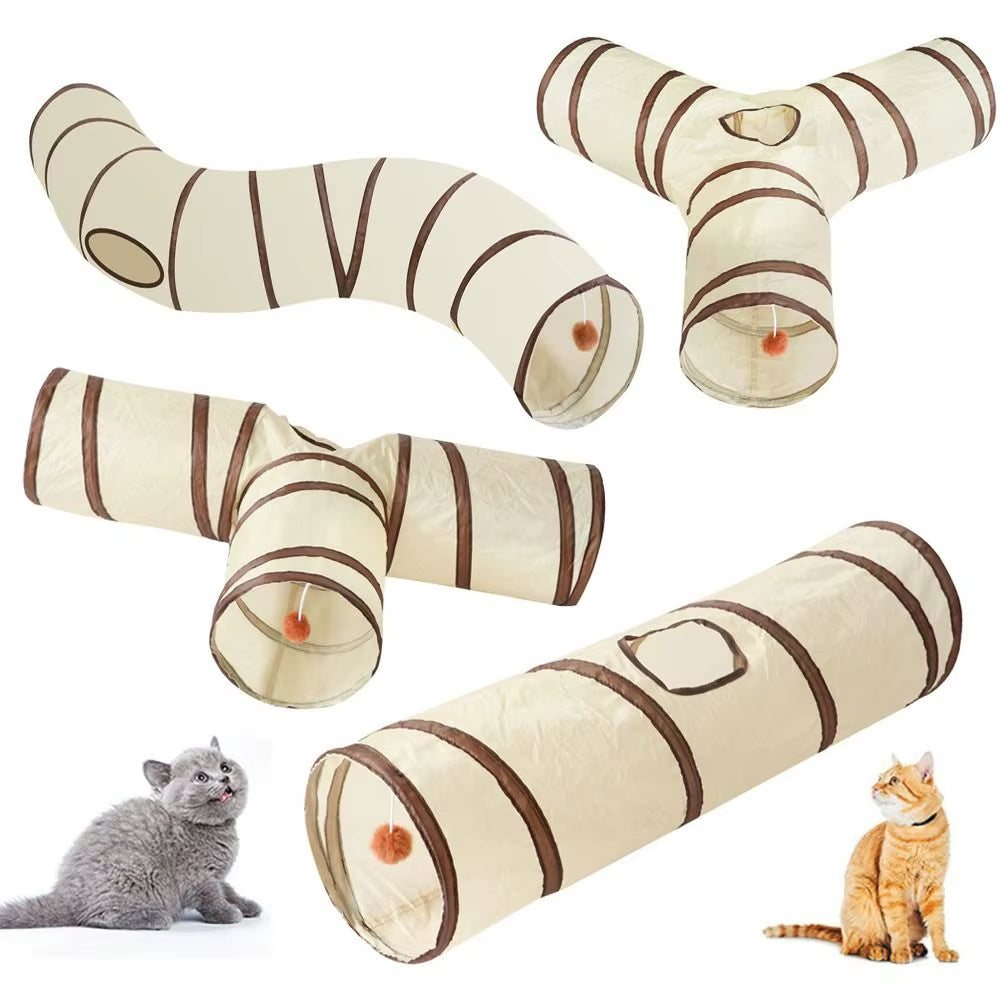 Breathable Foldable Cat Tunnel Tube with Steel Wire - Interactive Beige and Coffee Pet Play Toy