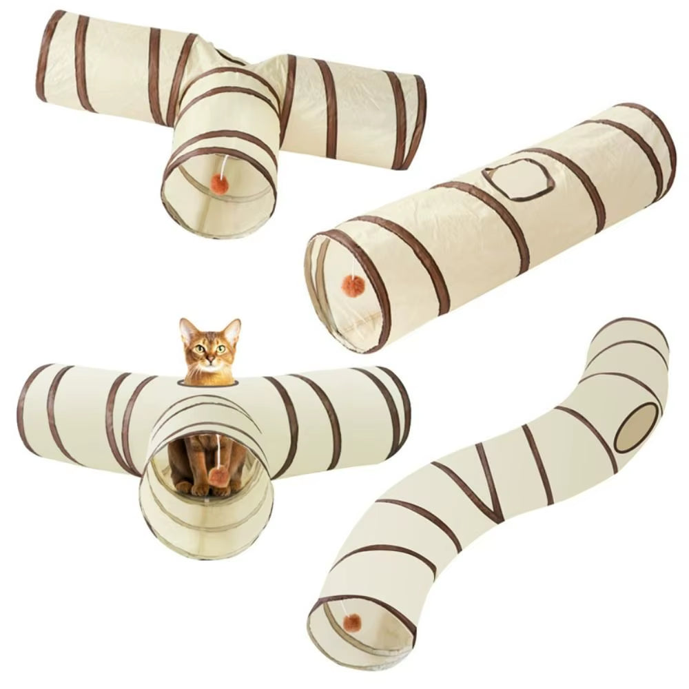 Breathable Foldable Cat Tunnel Tube with Steel Wire - Interactive Beige and Coffee Pet Play Toy